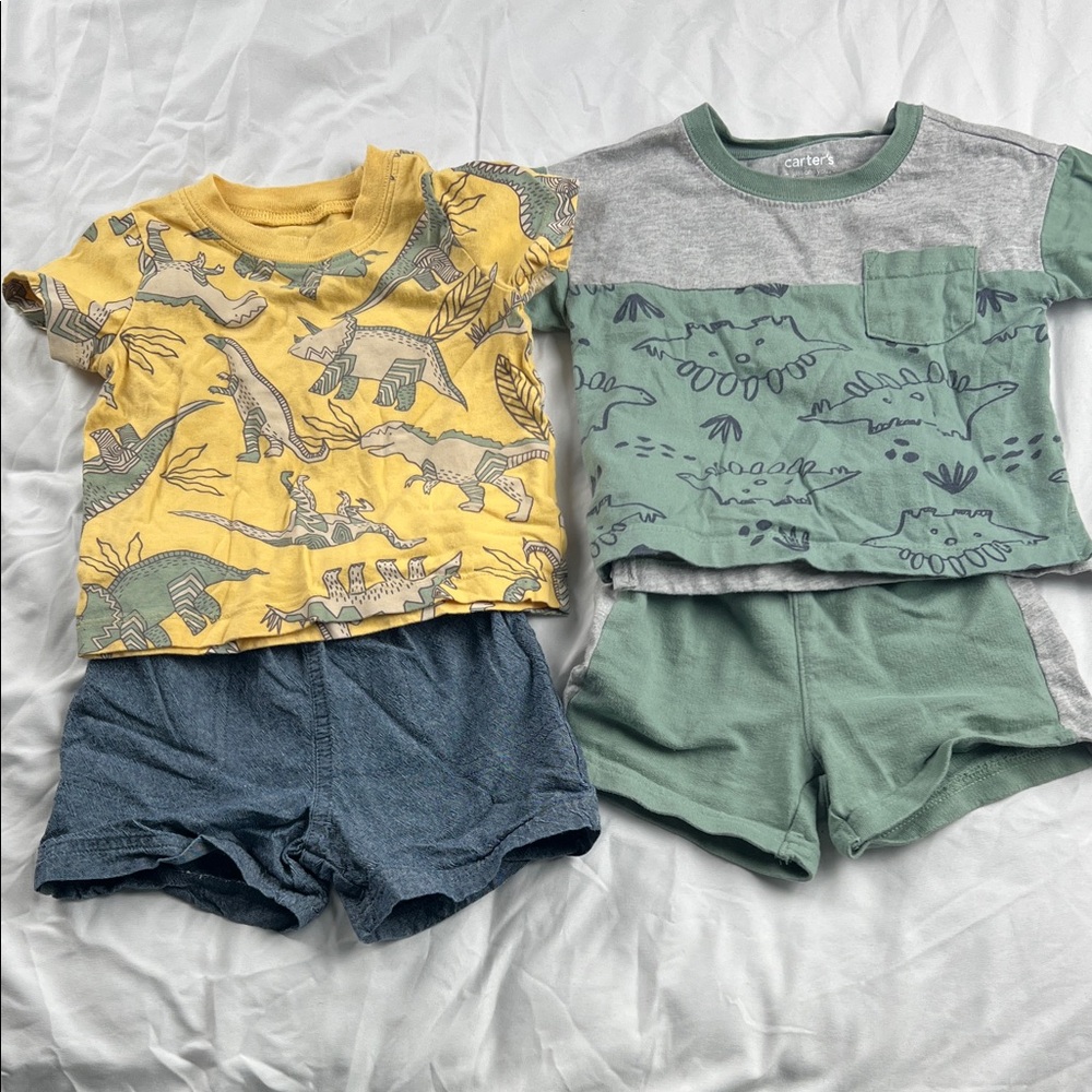 Carter's Yellow Dino Print Tee with Blue Shorts and Carter’s grey green set